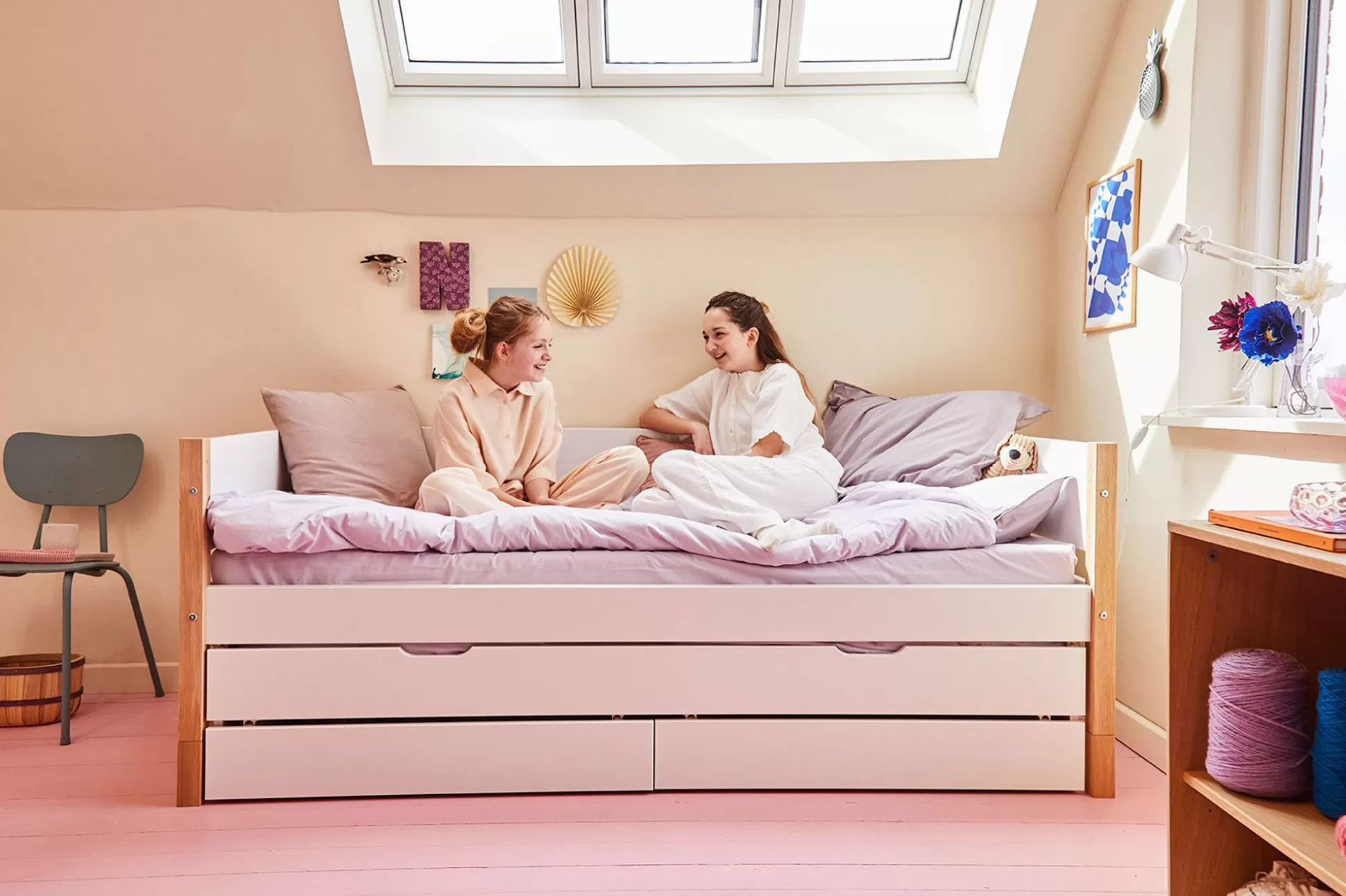 FLEXA Bedden Met Onderschuifbed>Bedbank Met Onderschuifbed En 2 Laden White/Oak