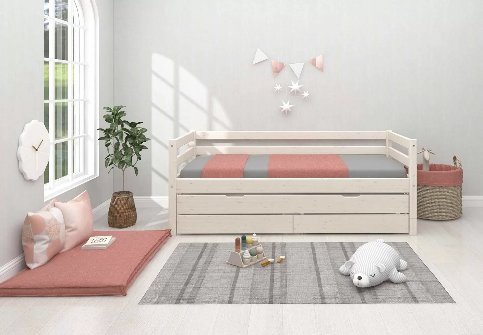 FLEXA Eenpersoonsbedden>Eenpersoonsbed Met Uitschuifbaar Bed White Washed Pine