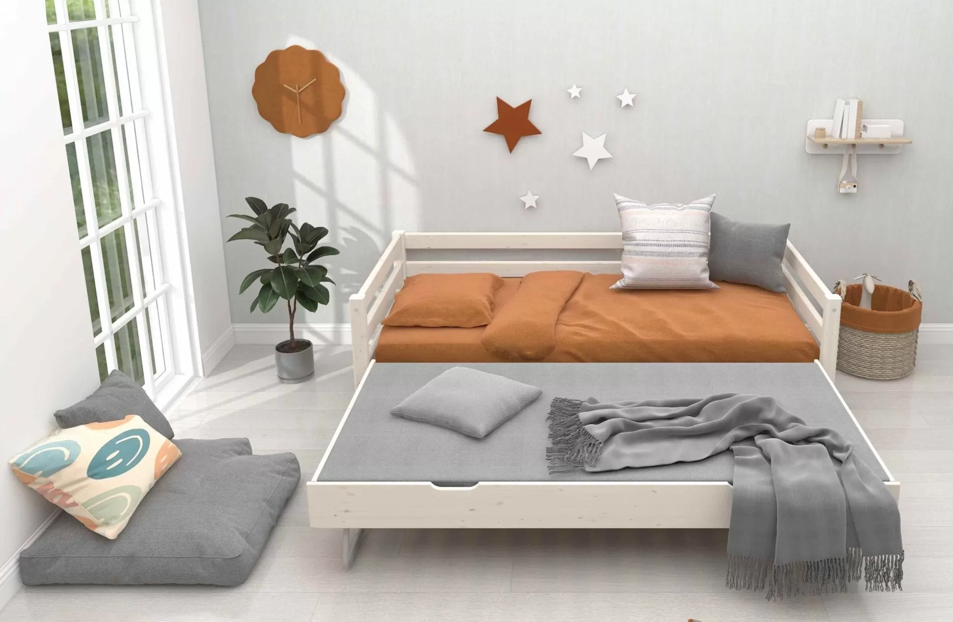 FLEXA Bedden Met Onderschuifbed>Eenpersoonsbed Met Uitschuifbaar Bed White Washed Pine