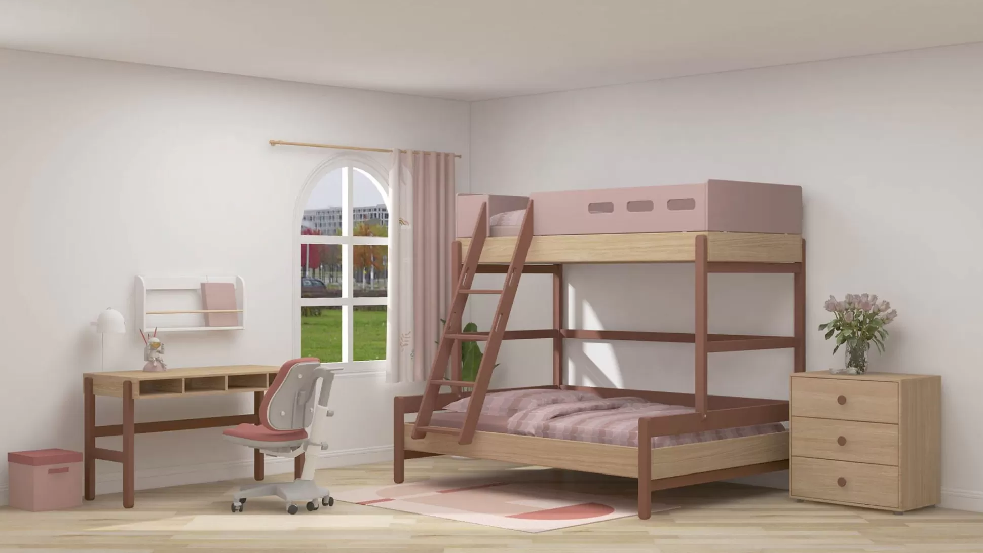 FLEXA Stapelbedden>Familiebed Met Schuine Ladder Cherry/Oak