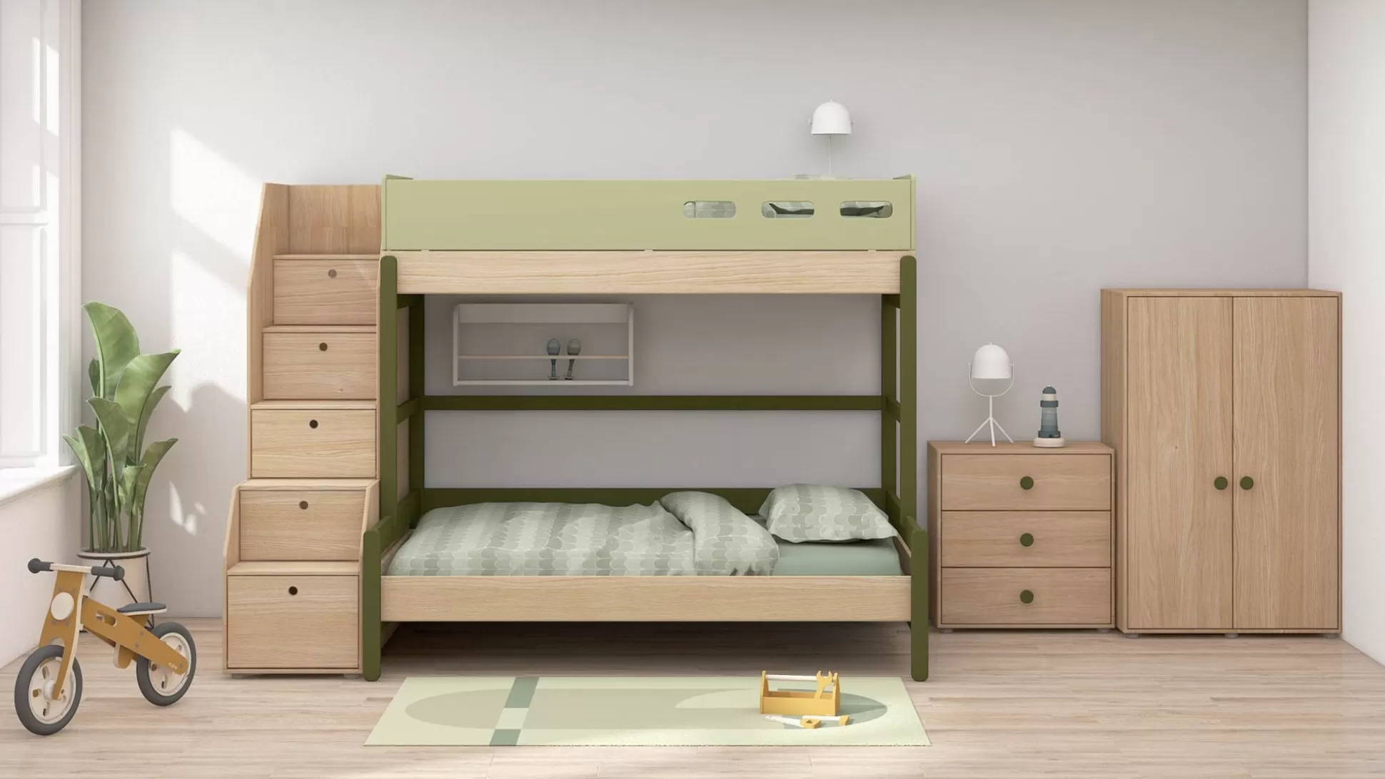 FLEXA Bedden Met Lades>Familiebed Met Trap Kiwi/Oak