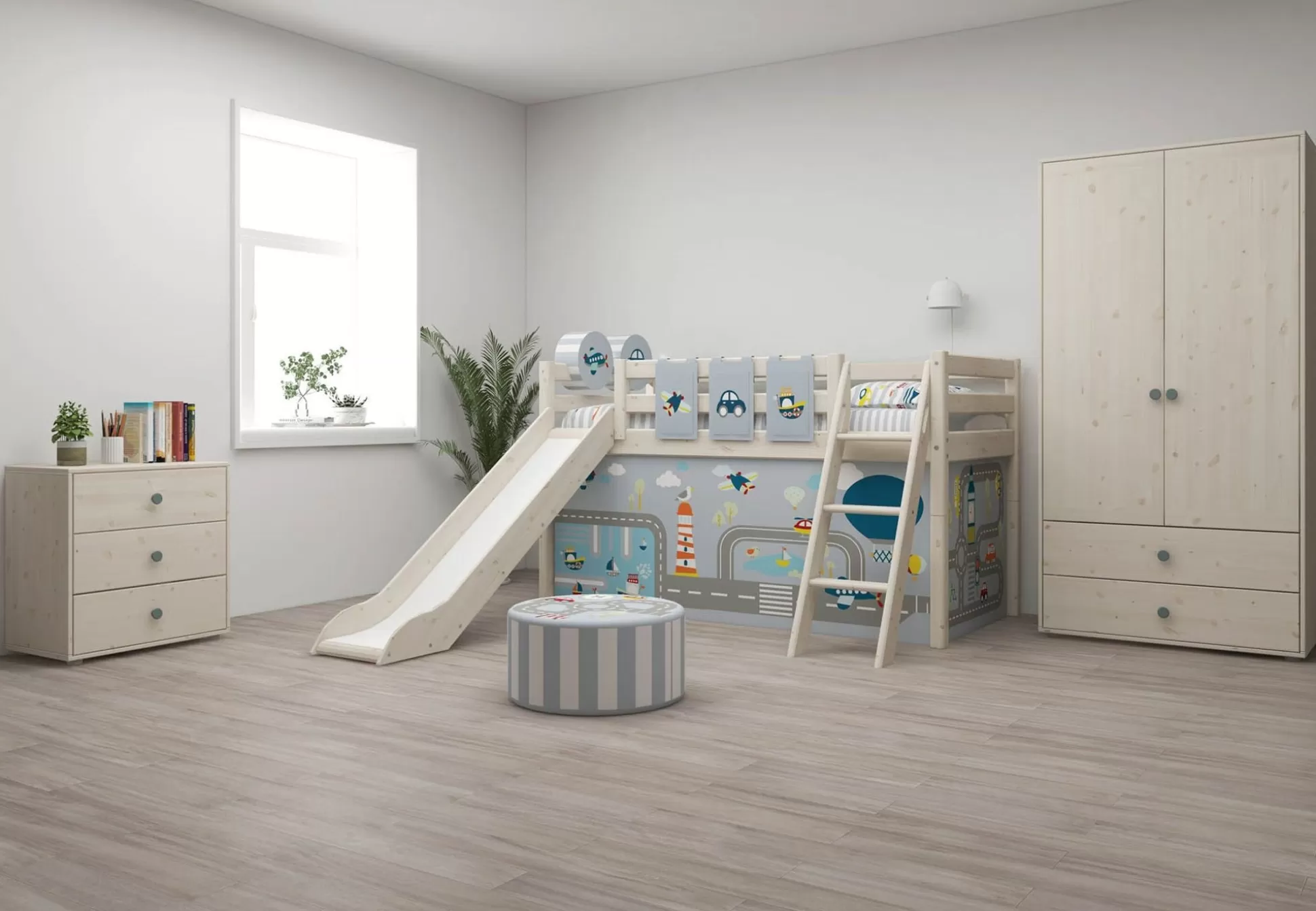 FLEXA Bedden Met Glijbaan>Halfhoogslaper M. Glijbaan En Schuine Ladder White Washed Pine