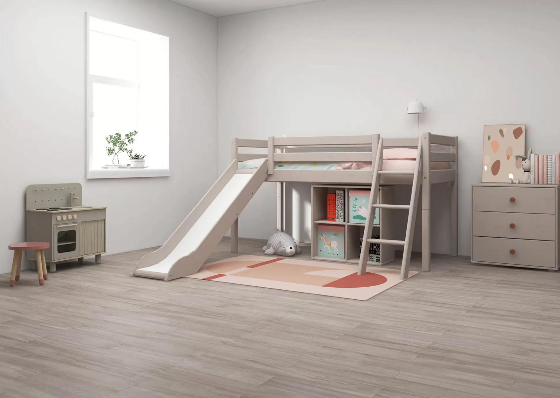 FLEXA Bedden Met Glijbaan>Halfhoogslaper M. Glijbaan En Schuine Ladder Grey Washed Pine