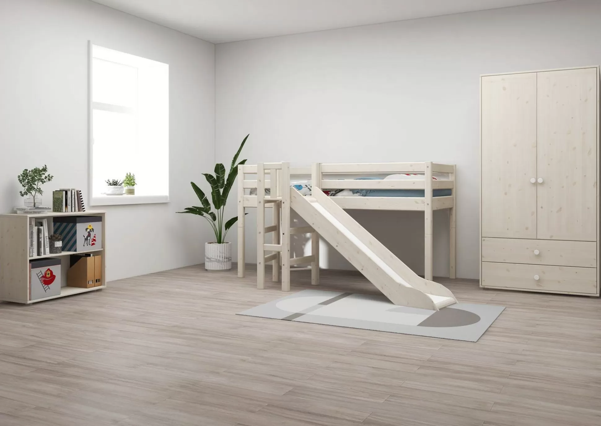 FLEXA Halfhoogslapers>Halfhoogslaper M. Platform En Glijbaan White Washed Pine