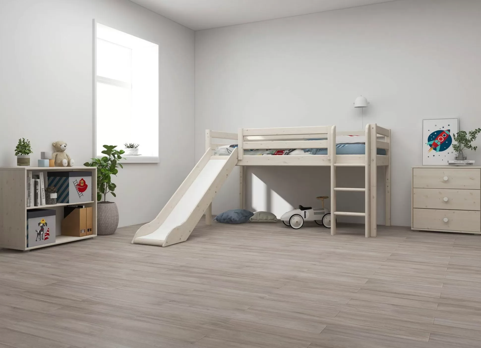 FLEXA Bedden Met Glijbaan>Halfhoogslaper M. Rechte Ladder En Glijbaan White Washed Pine