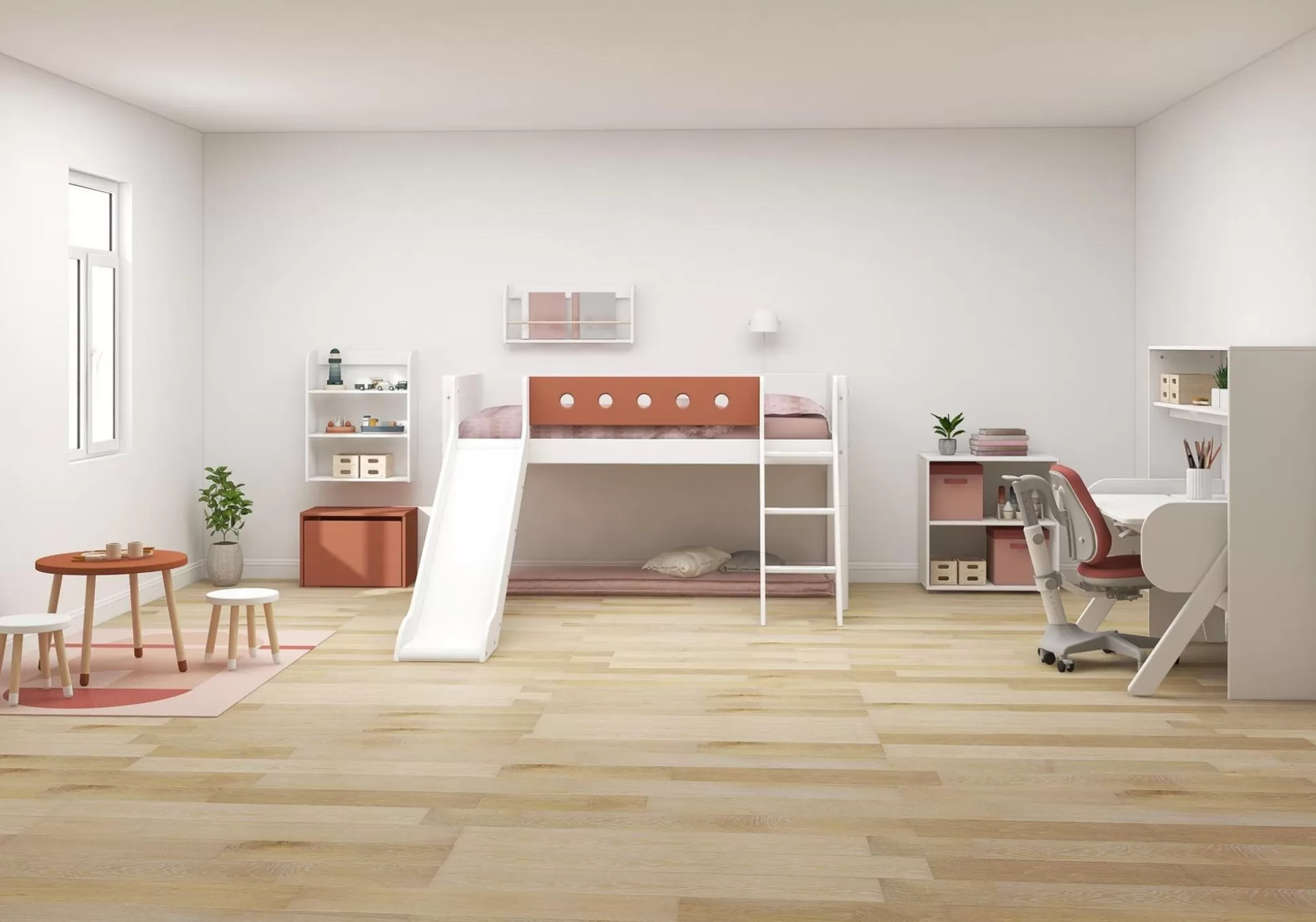 FLEXA Bedden Met Glijbaan>Halfhoogslaper M. Schuine Ladder En Glijbaan White/Blush