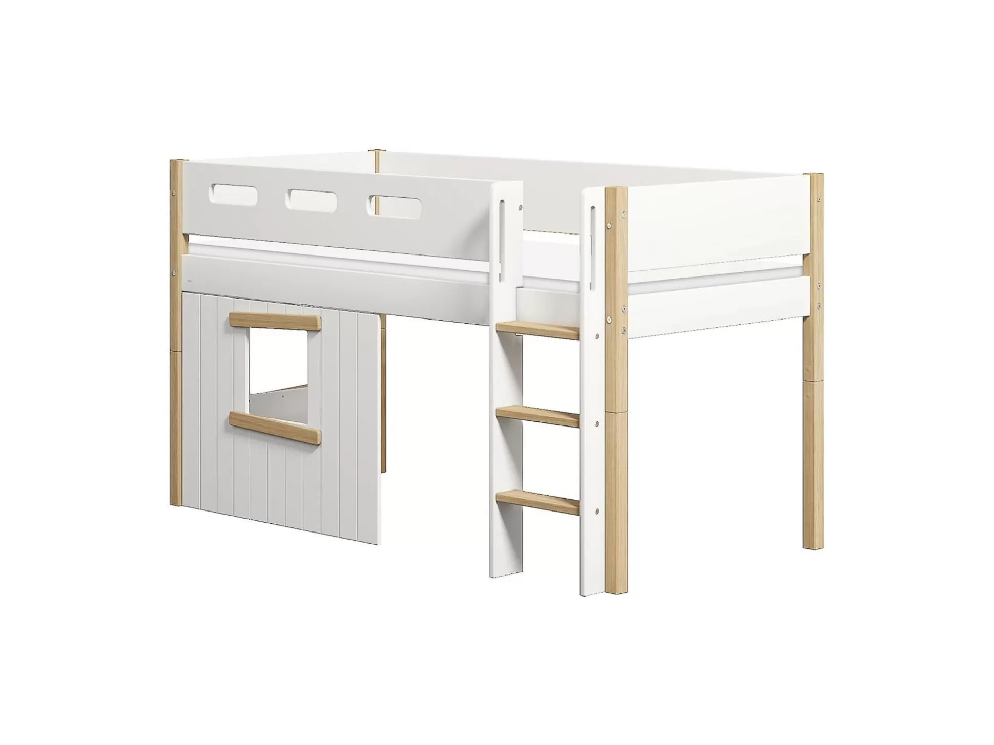 FLEXA Halfhoogslapers>Halfhoogslaper, Rechte Ladder En Boomhut Bedfronten, Eiken Frame White/Oak