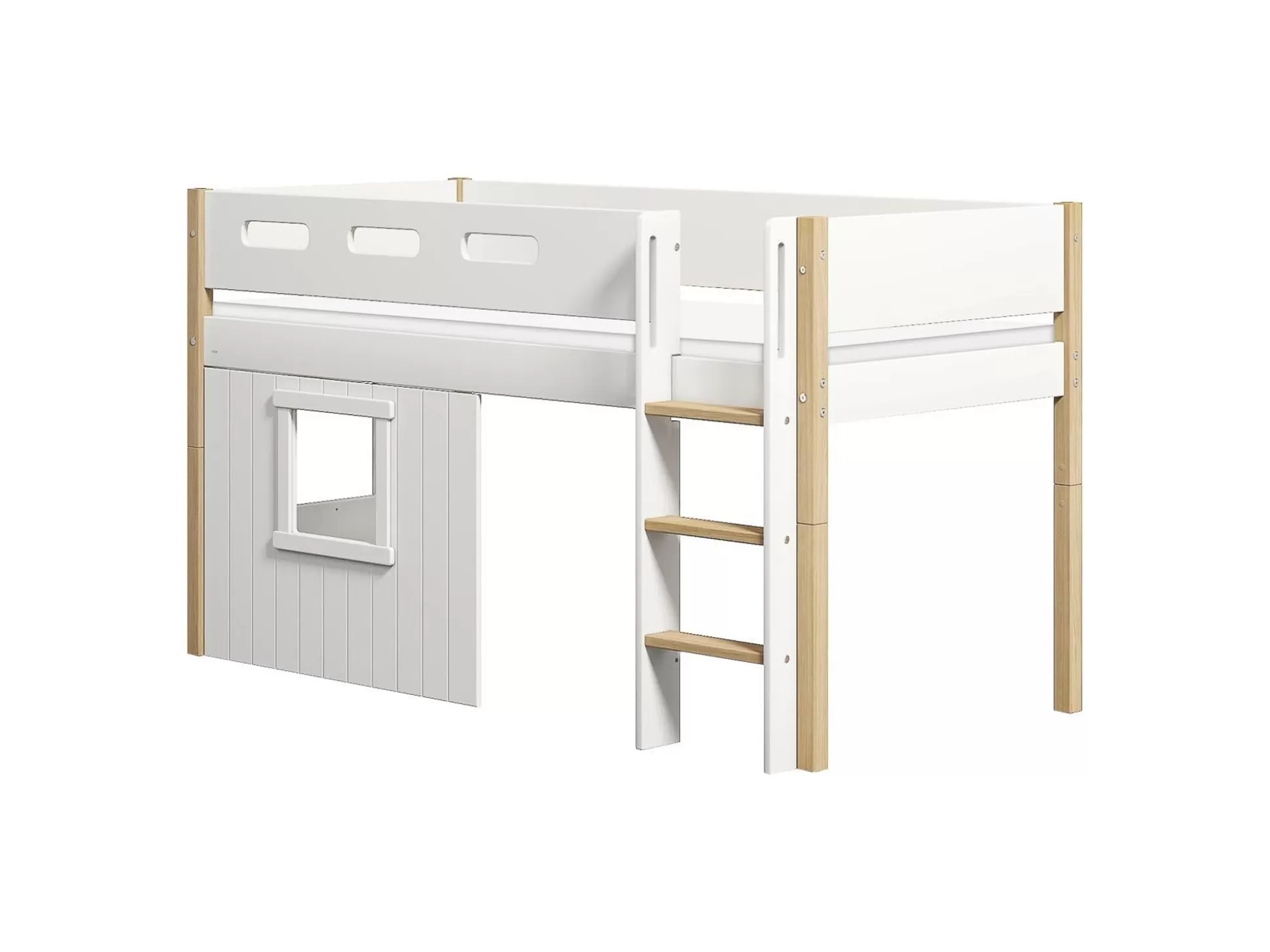 FLEXA Halfhoogslapers>Halfhoogslaper, Rechte Ladder En Boomhut Bedfronten, Wit Frame. White/Oak