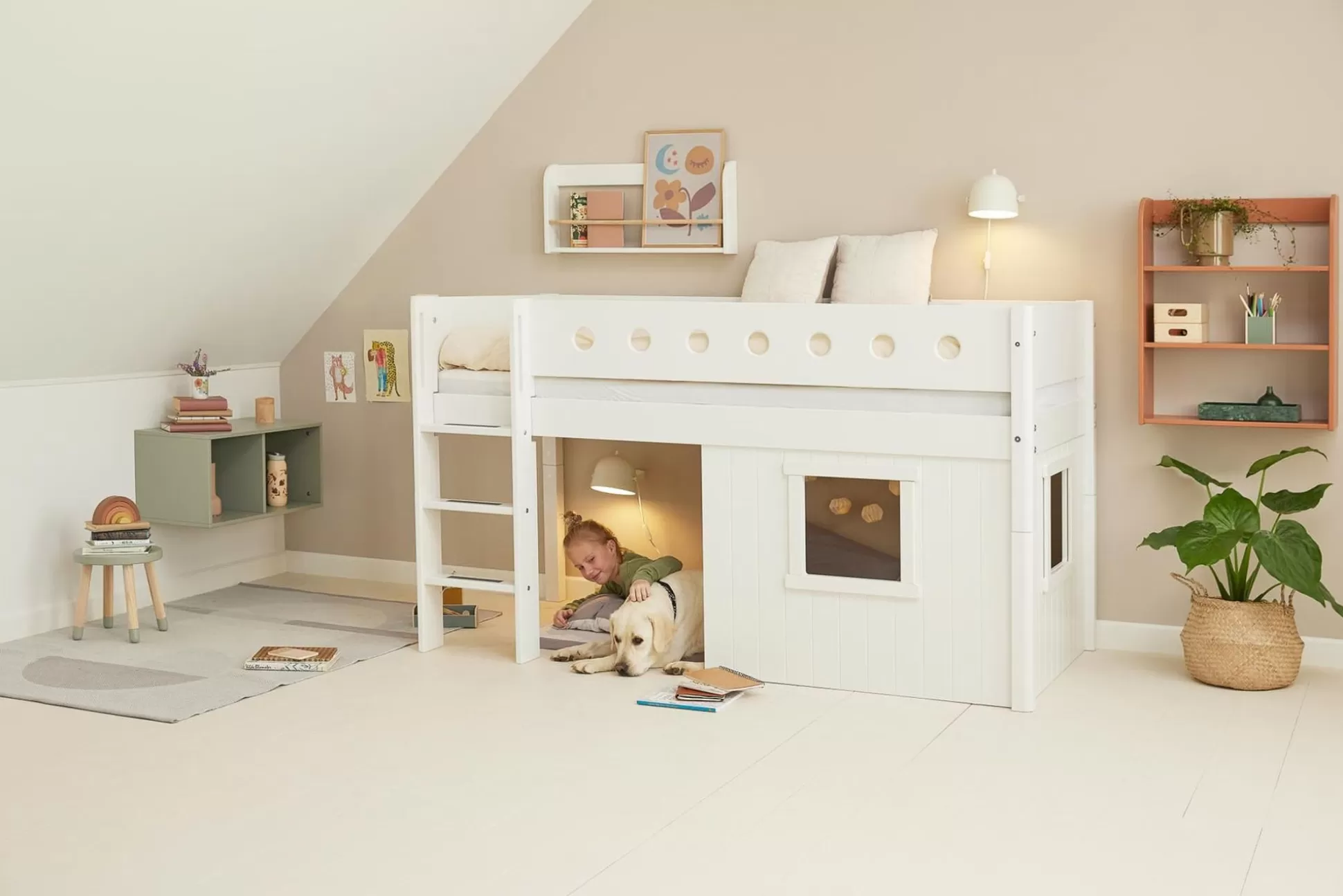 FLEXA Huisbedden>Halfhoogslaper, Rechte Ladder En Boomhut Bedfronten, Wit Frame White