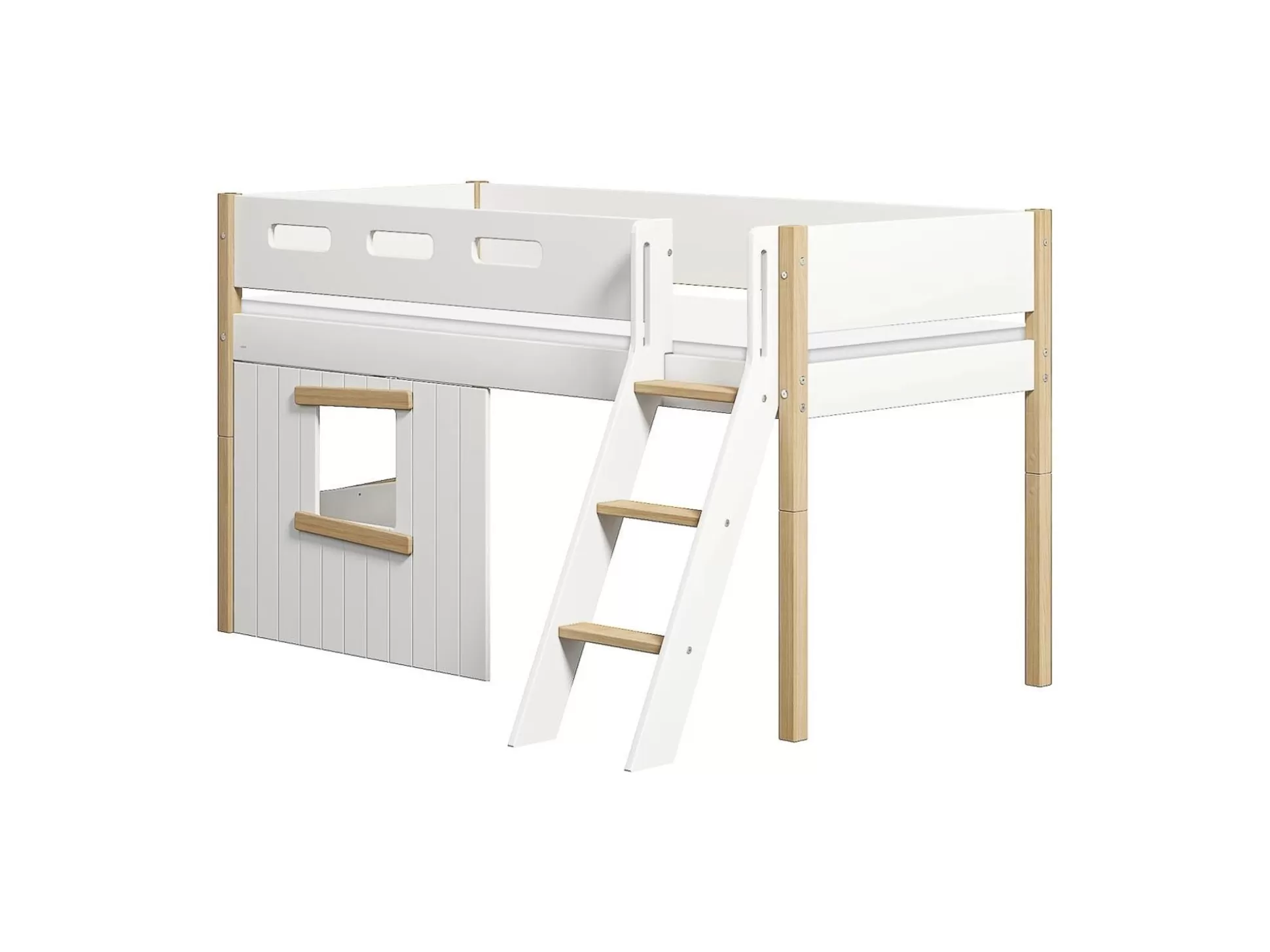 FLEXA Halfhoogslapers>Halfhoogslaper, Schuine Ladder En Boomhut Bedfronten, Eiken Frame White/Oak