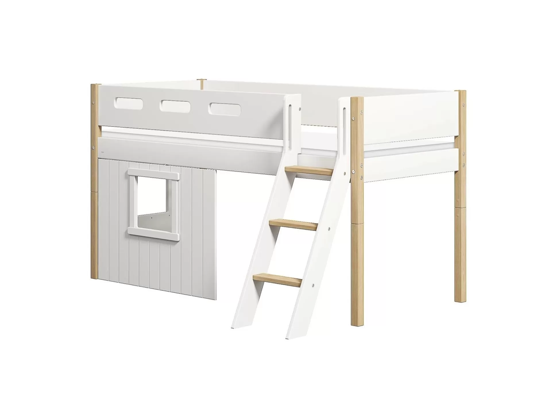 FLEXA Huisbedden>Halfhoogslaper, Schuine Ladder En Boomhut Bedfronten, Wit Frame. White/Oak