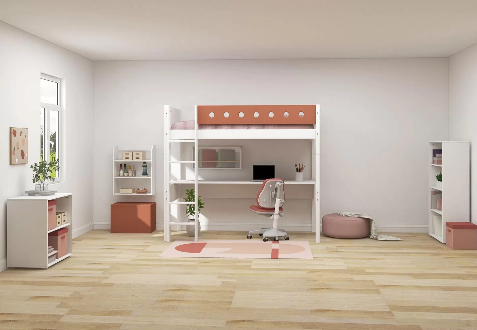 FLEXA Bedden Met Bureau>Hoogslaper Met Rechte Ladder White/Blush