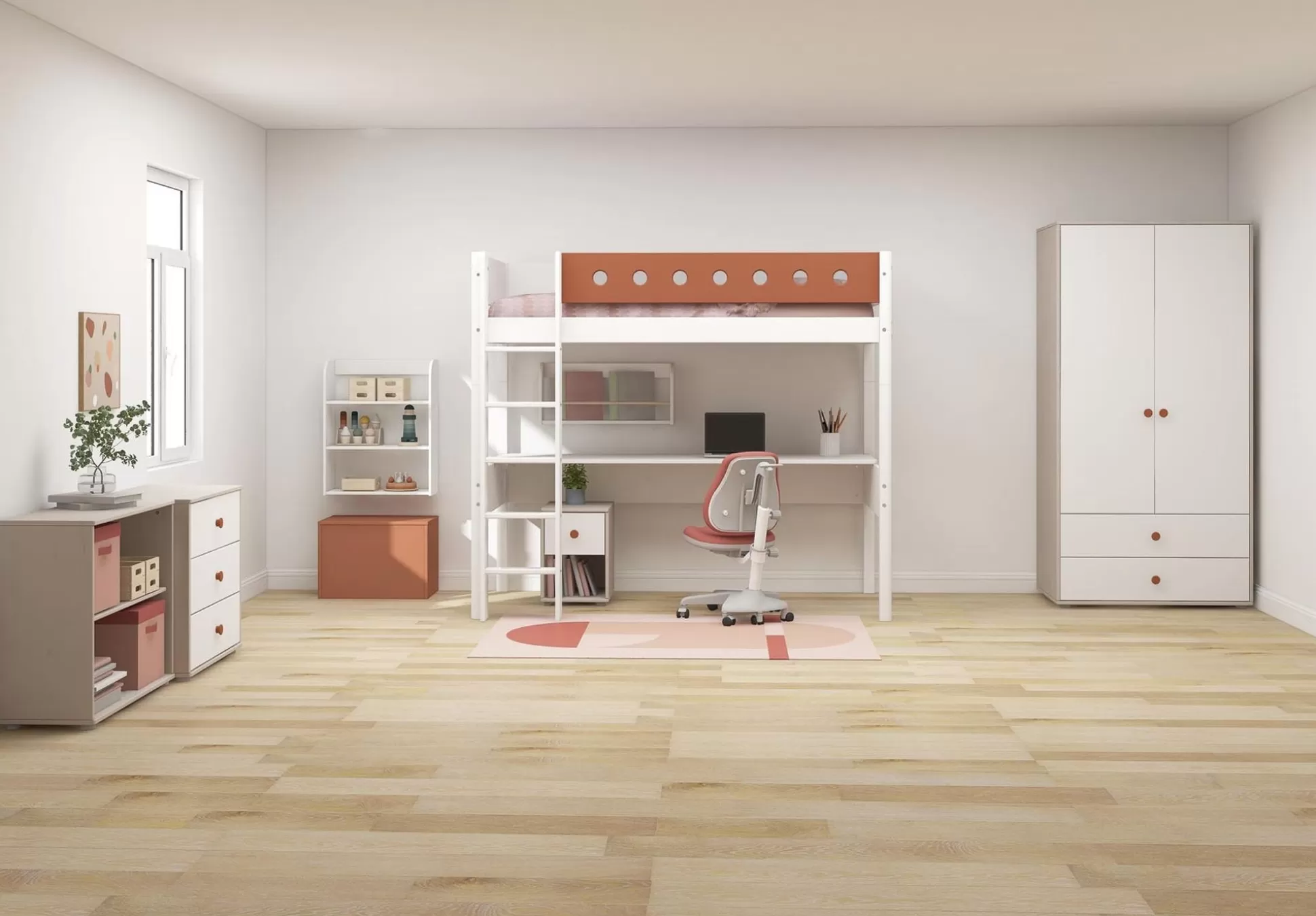 FLEXA Bedden Met Bureau>Hoogslaper Met Rechte Ladder White/Blush