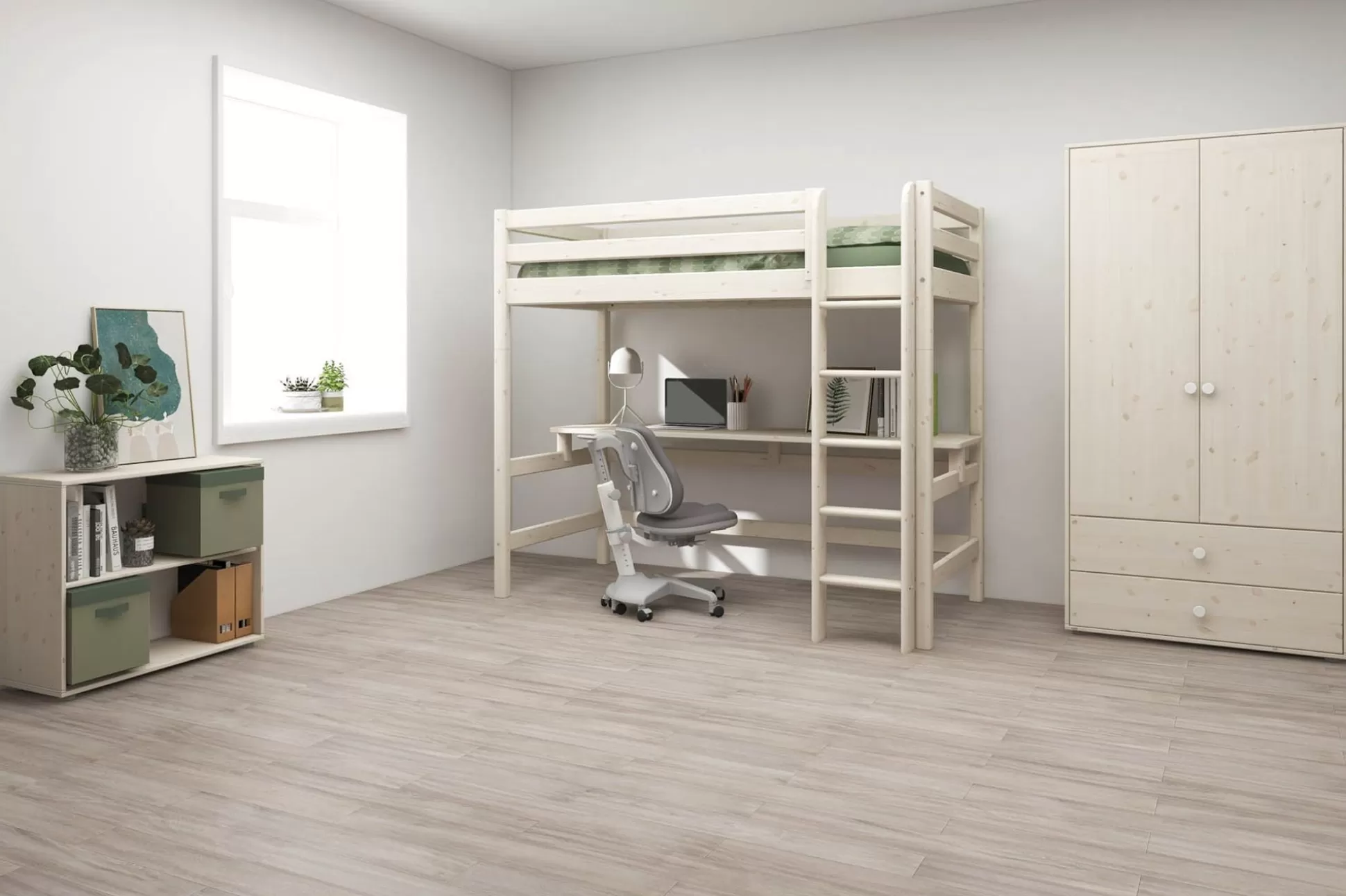 FLEXA 90X200>Hoogslaper Met Rechte Ladder En Bureau White Washed Pine