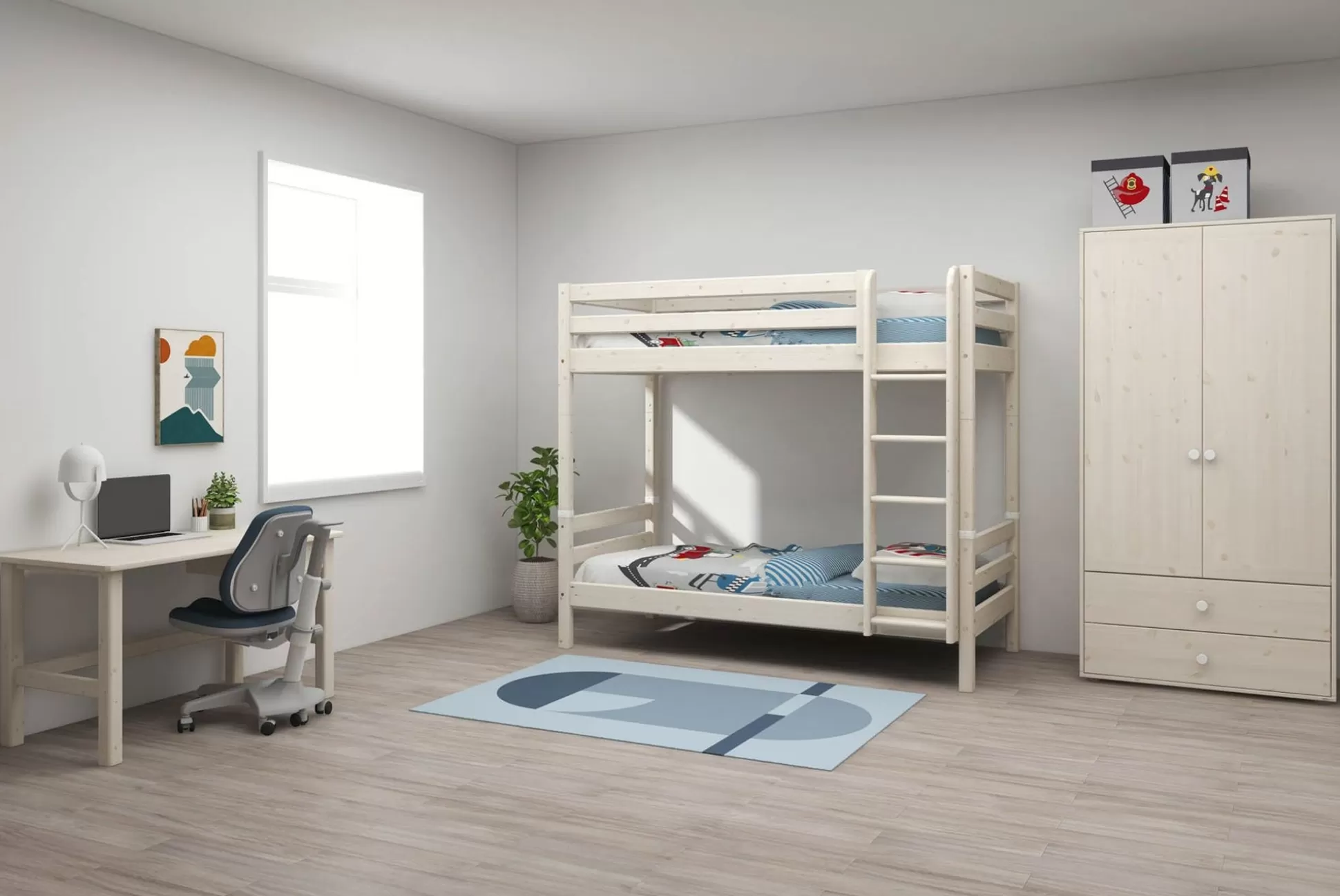 FLEXA Stapelbedden>Stapelbed Met Extra Hoogte En Rechte Ladder White Washed Pine