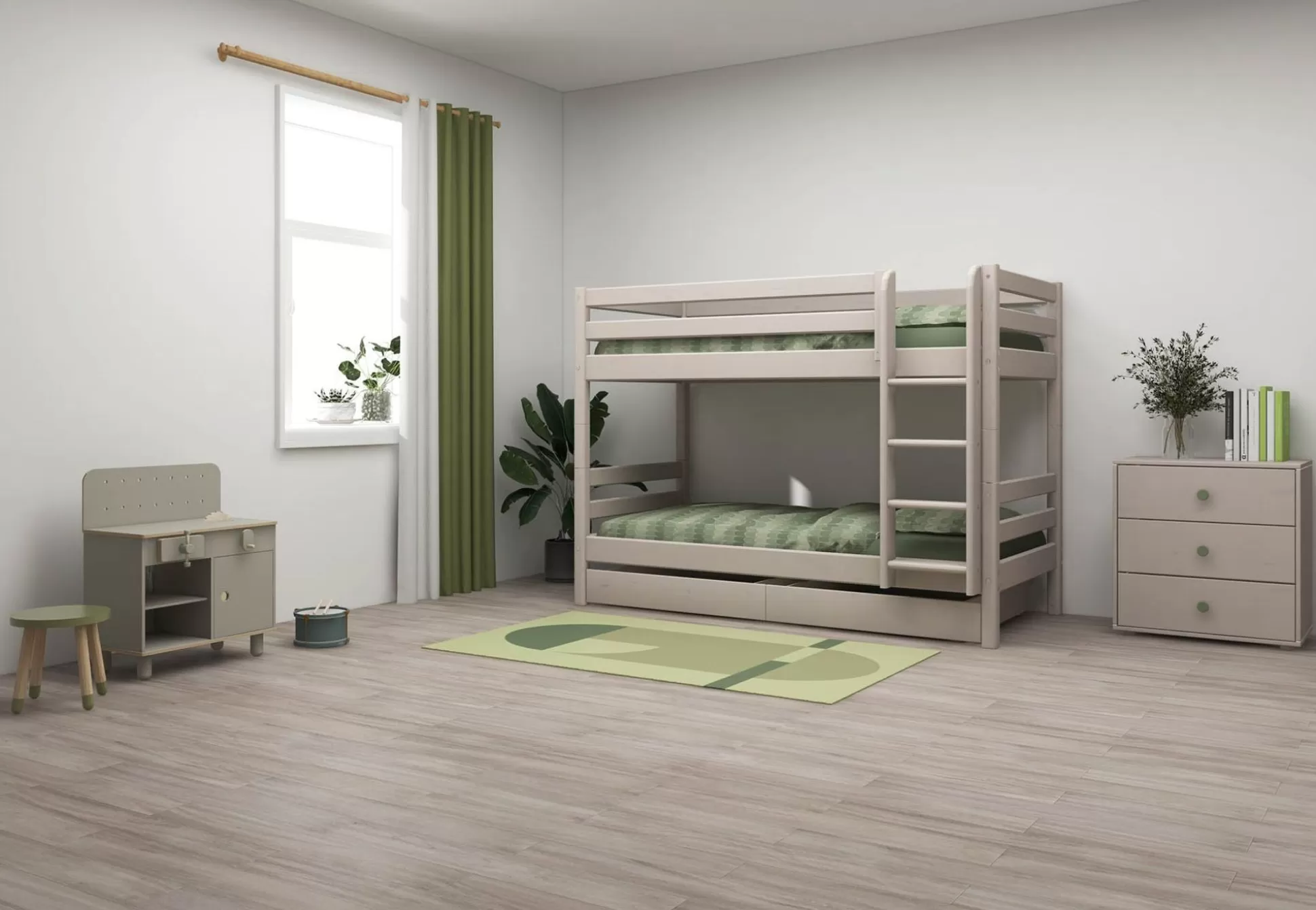 FLEXA Bedden Met Lades>Stapelbed Met Rechte Ladder Grey Washed Pine